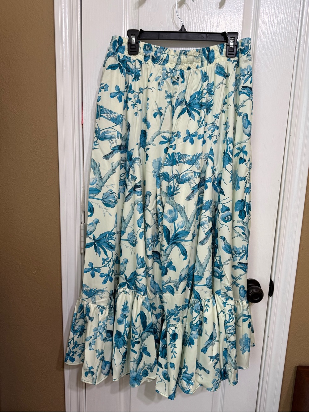 H245 NWT A Rare Bird OS Set Teal Blue Boho Velvet Top Floral Bird Wide Leg Pants - Picture 5 of 16